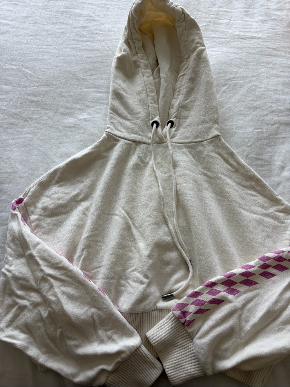 Afends White Hoodie with Pink Checker Sleeve Detail